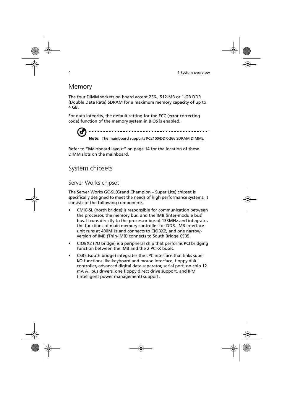 Memory, System chipsets, Server works chipset | Acer Altos R300 User Manual | Page 18 / 130