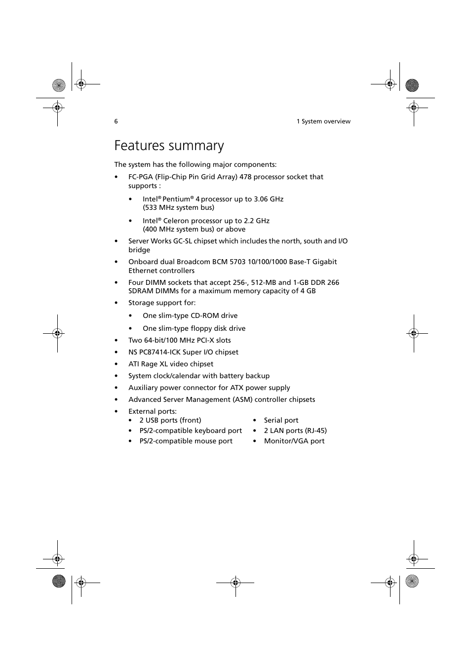 Features summary | Acer Altos R300 User Manual | Page 20 / 130