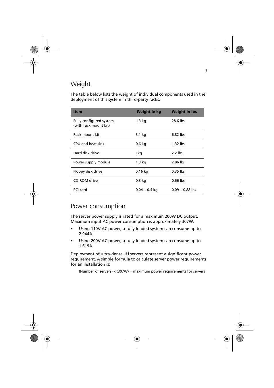 Weight, Power consumption | Acer Altos R300 User Manual | Page 21 / 130