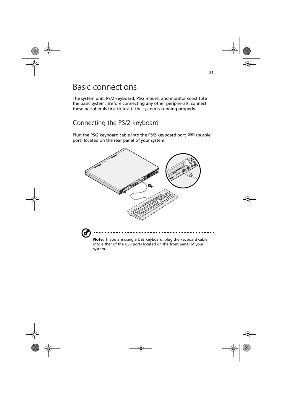 Basic connections, Connecting the ps/2 keyboard | Acer Altos R300 User Manual | Page 35 / 130