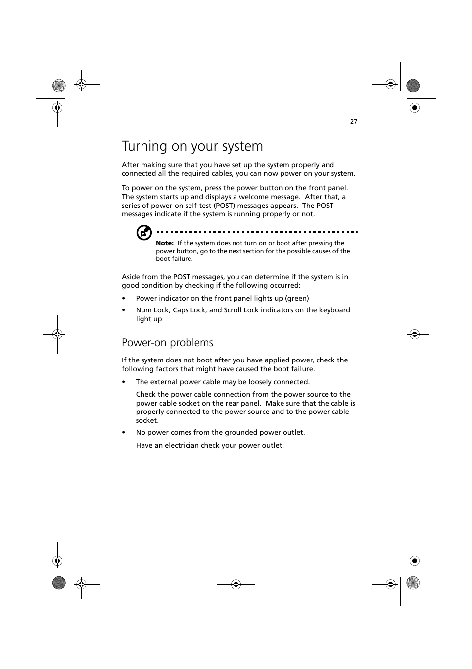 Turning on your system, Power-on problems | Acer Altos R300 User Manual | Page 41 / 130