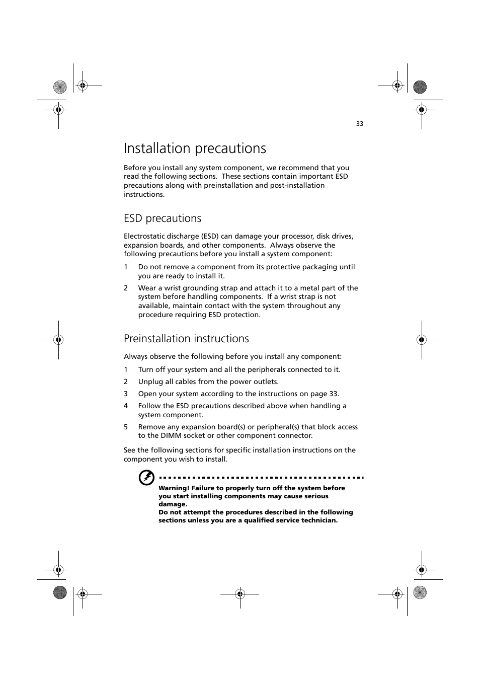 Installation precautions, Esd precautions, Preinstallation instructions | Acer Altos R300 User Manual | Page 47 / 130