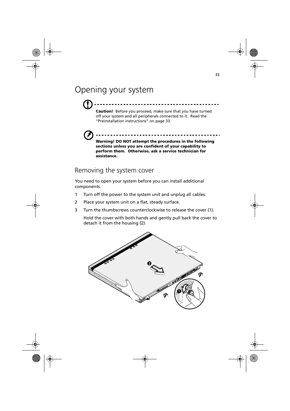 Opening your system, Removing the system cover | Acer Altos R300 User Manual | Page 49 / 130