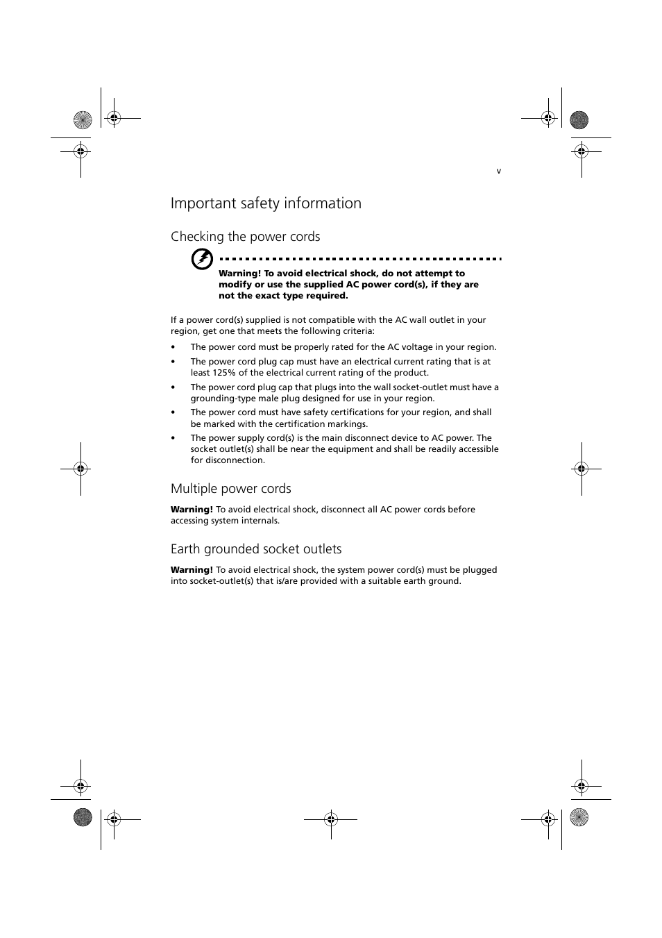 Important safety information, Checking the power cords, Multiple power cords | Earth grounded socket outlets | Acer Altos R300 User Manual | Page 5 / 130