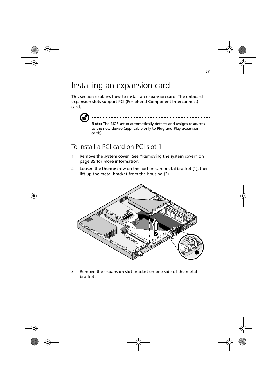 Installing an expansion card, To install a pci card on pci slot 1 | Acer Altos R300 User Manual | Page 51 / 130