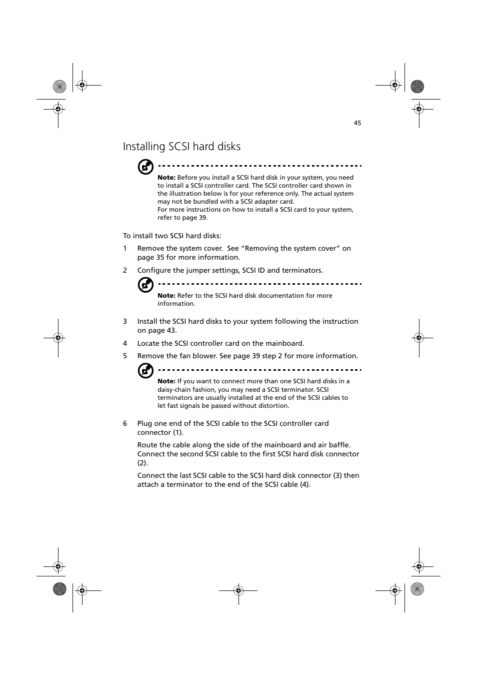 Installing scsi hard disks | Acer Altos R300 User Manual | Page 59 / 130