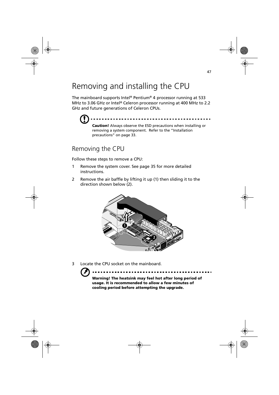 Removing and installing the cpu, Removing the cpu | Acer Altos R300 User Manual | Page 61 / 130