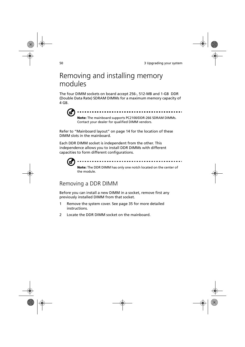 Removing and installing memory modules, Removing a ddr dimm | Acer Altos R300 User Manual | Page 64 / 130