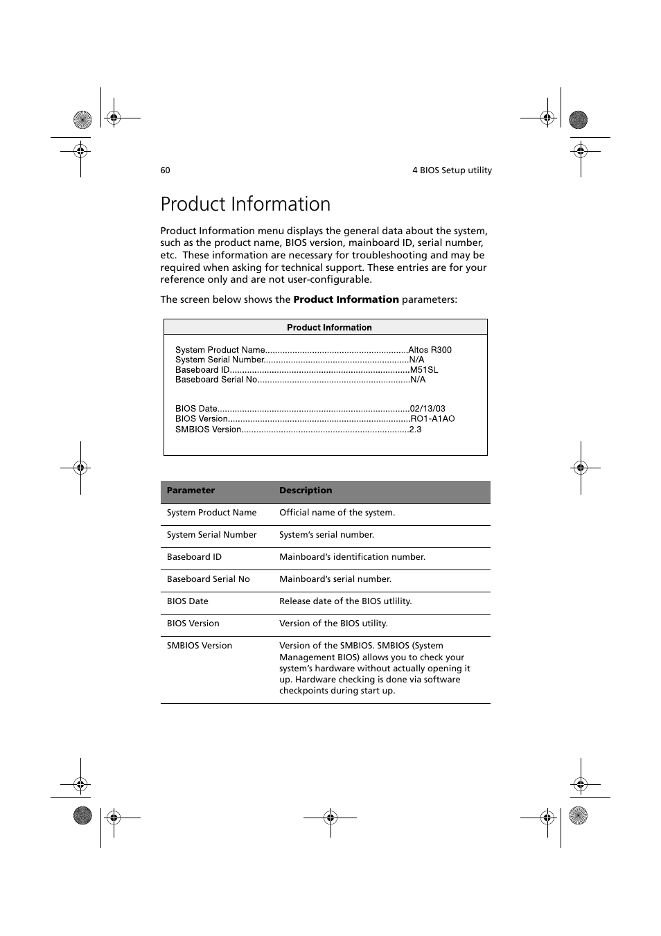 Product information | Acer Altos R300 User Manual | Page 74 / 130