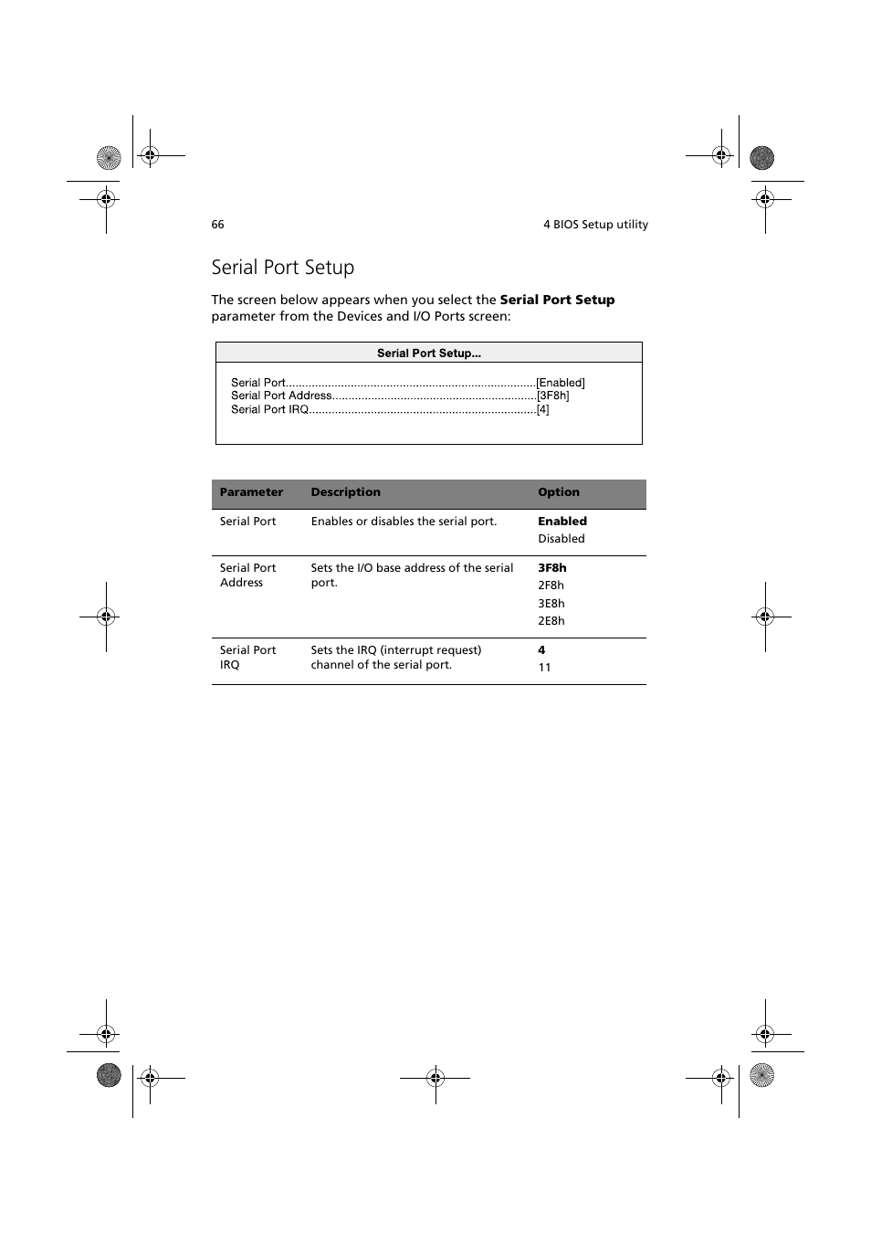 Serial port setup | Acer Altos R300 User Manual | Page 80 / 130