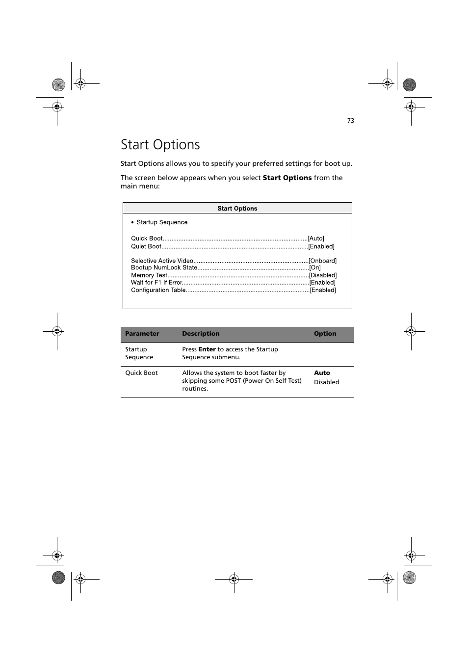 Start options | Acer Altos R300 User Manual | Page 87 / 130