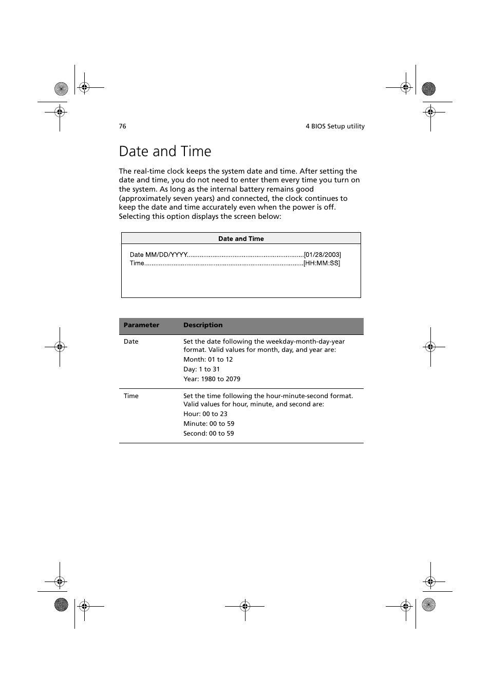 Date and time | Acer Altos R300 User Manual | Page 90 / 130