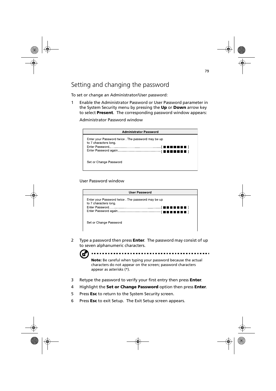 Setting and changing the password | Acer Altos R300 User Manual | Page 93 / 130