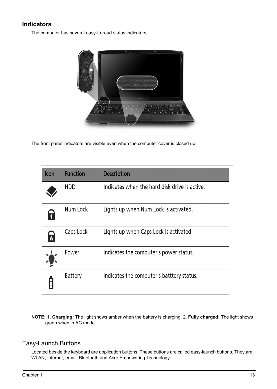 Indicators, Easy-launch buttons | Acer 6920 User Manual | Page 19 / 124