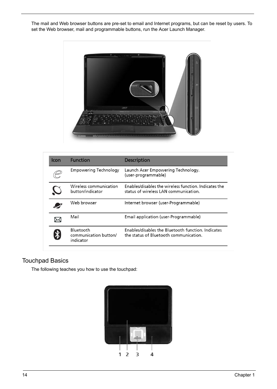 Touchpad basics | Acer 6920 User Manual | Page 20 / 124