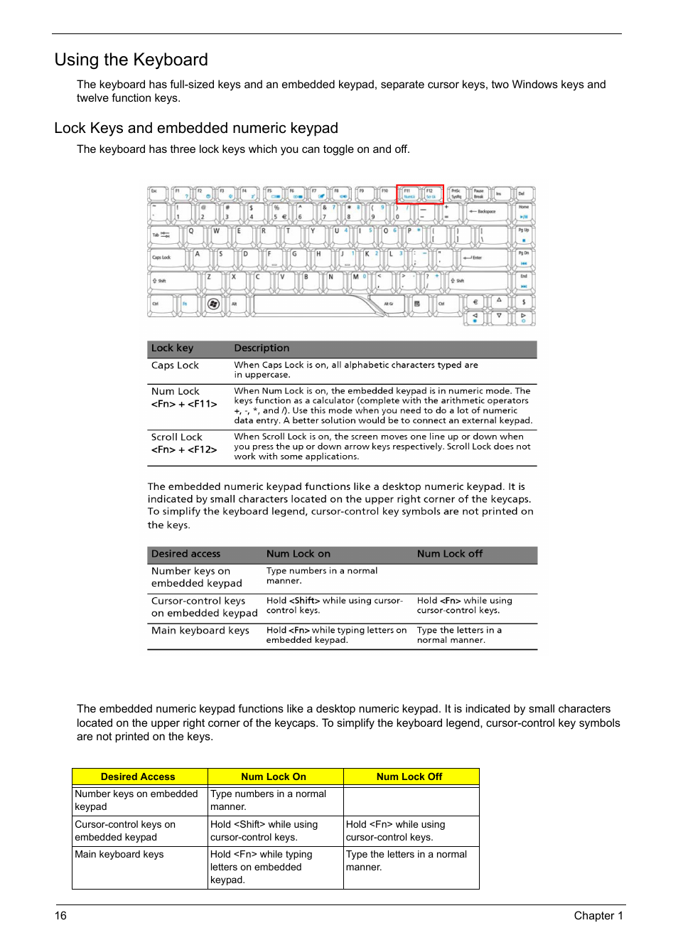 Using the keyboard, Lock keys and embedded numeric keypad | Acer 6920 User Manual | Page 22 / 124