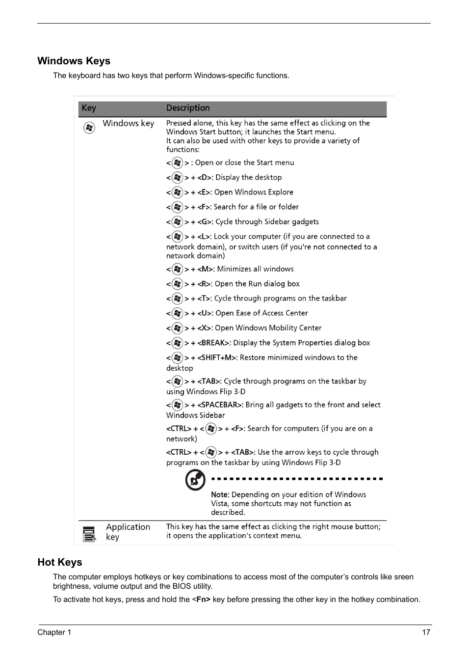 Windows keys, Hot keys | Acer 6920 User Manual | Page 23 / 124