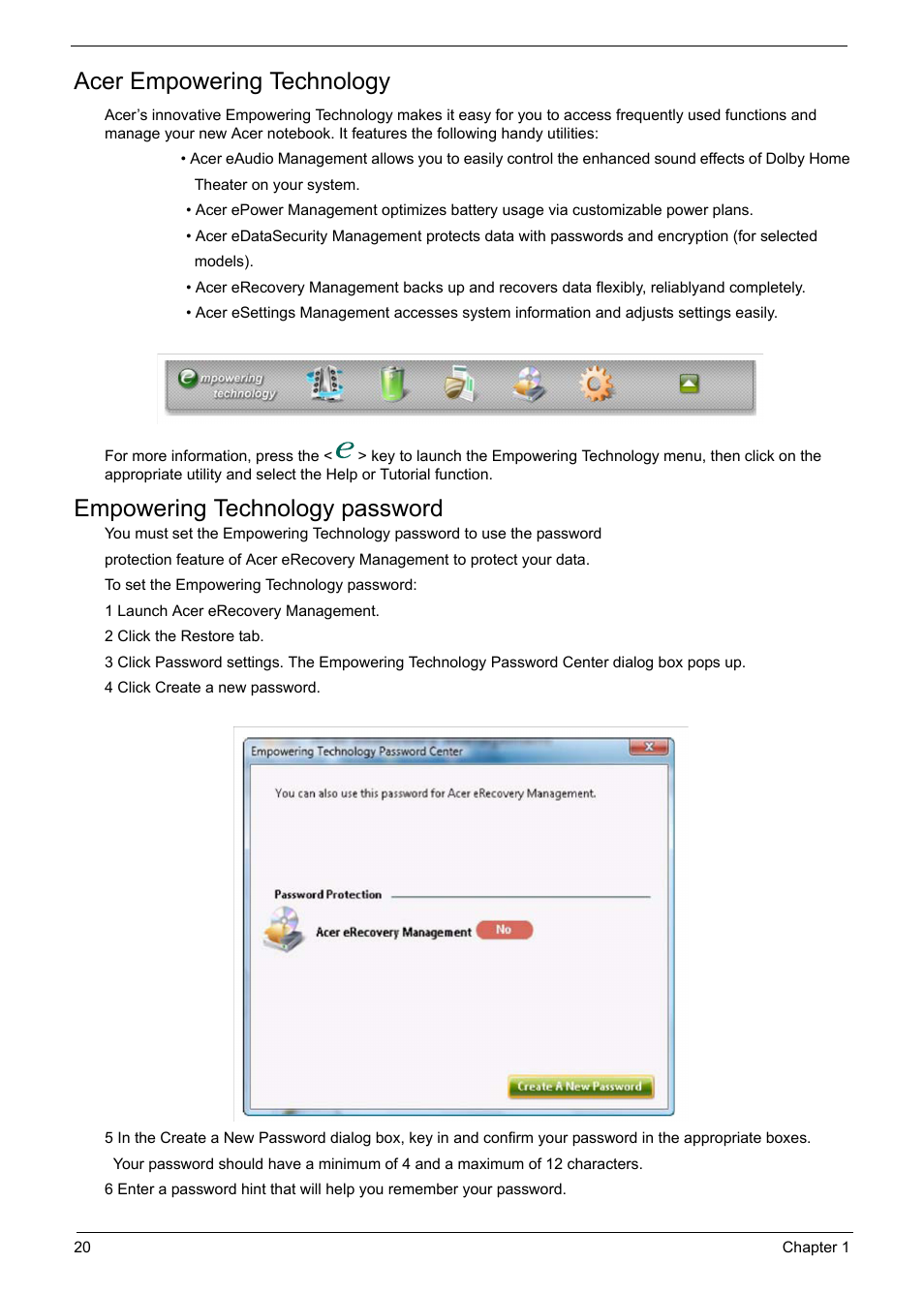 Acer empowering technology, Empowering technology password | Acer 6920 User Manual | Page 26 / 124