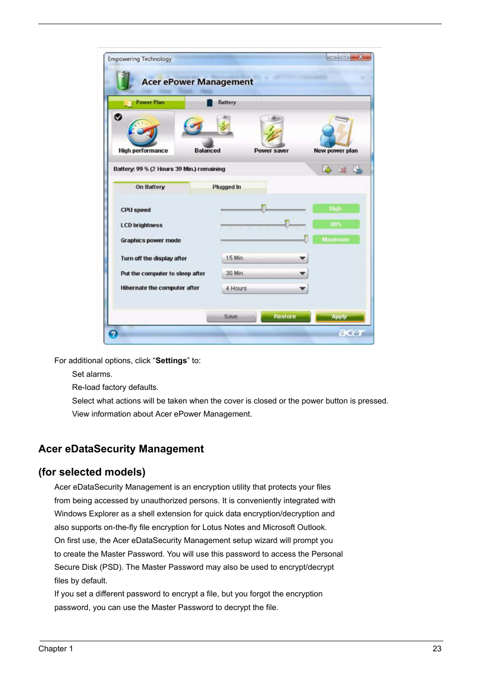 Acer edatasecurity management, For selected models) | Acer 6920 User Manual | Page 29 / 124