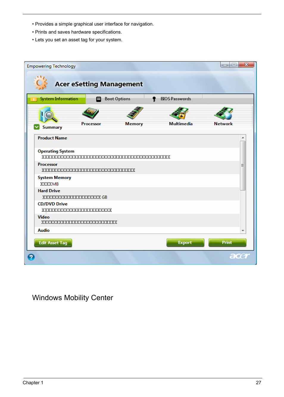 Windows mobility center | Acer 6920 User Manual | Page 33 / 124