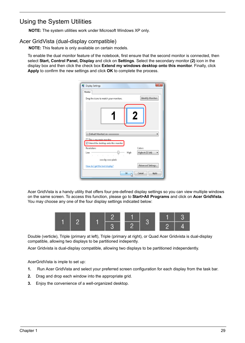 Using the system utilities, Acer gridvista (dual-display compatible) | Acer 6920 User Manual | Page 35 / 124