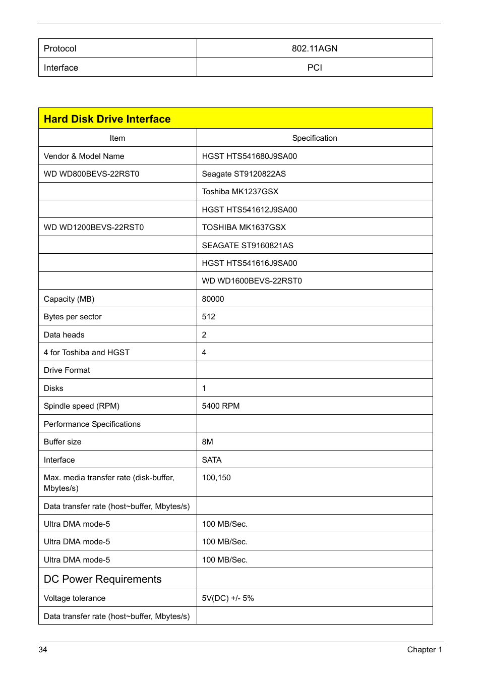 Hard disk drive interface, Dc power requirements | Acer 6920 User Manual | Page 40 / 124