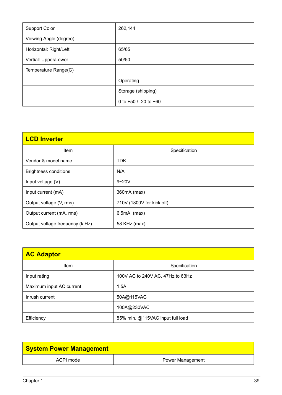 Lcd inverter, Ac adaptor, System power management | Acer 6920 User Manual | Page 45 / 124