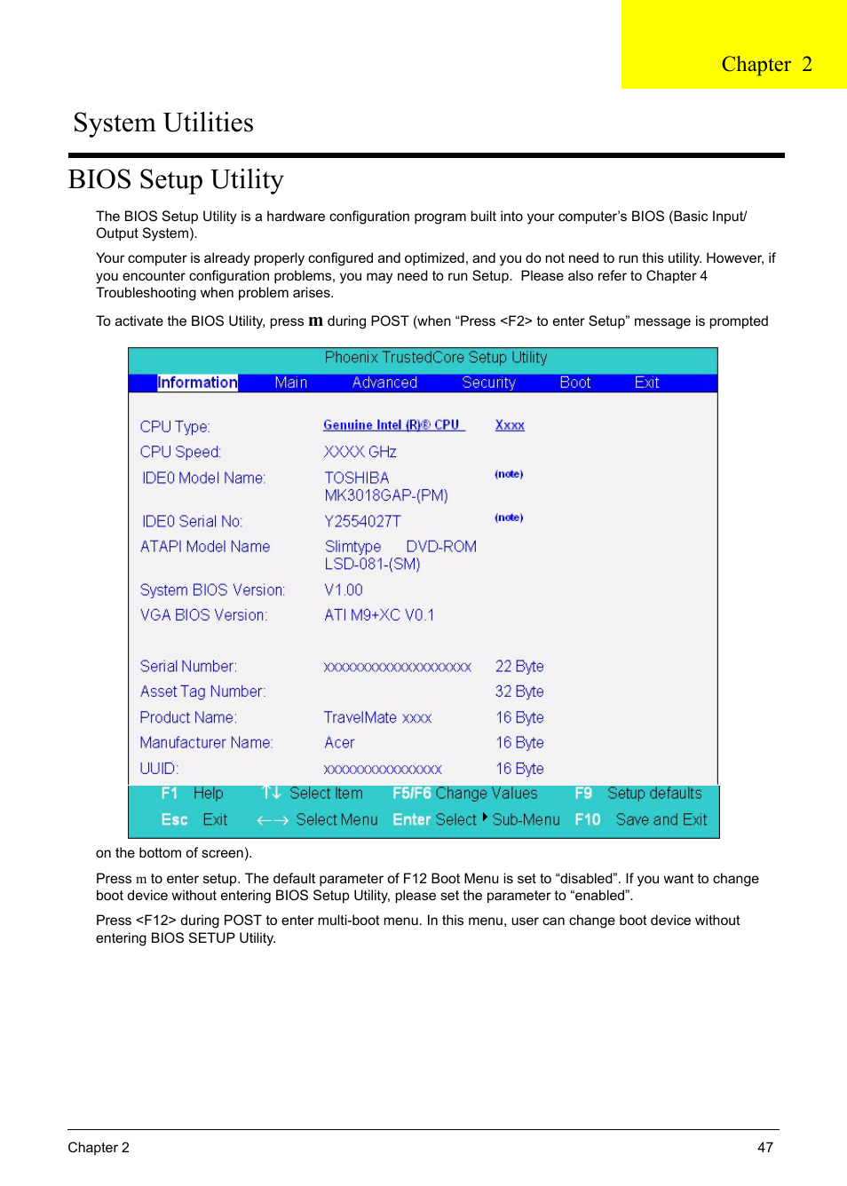 Bios setup utility, System utilities, Chapter 2 | Acer 6920 User Manual | Page 47 / 124