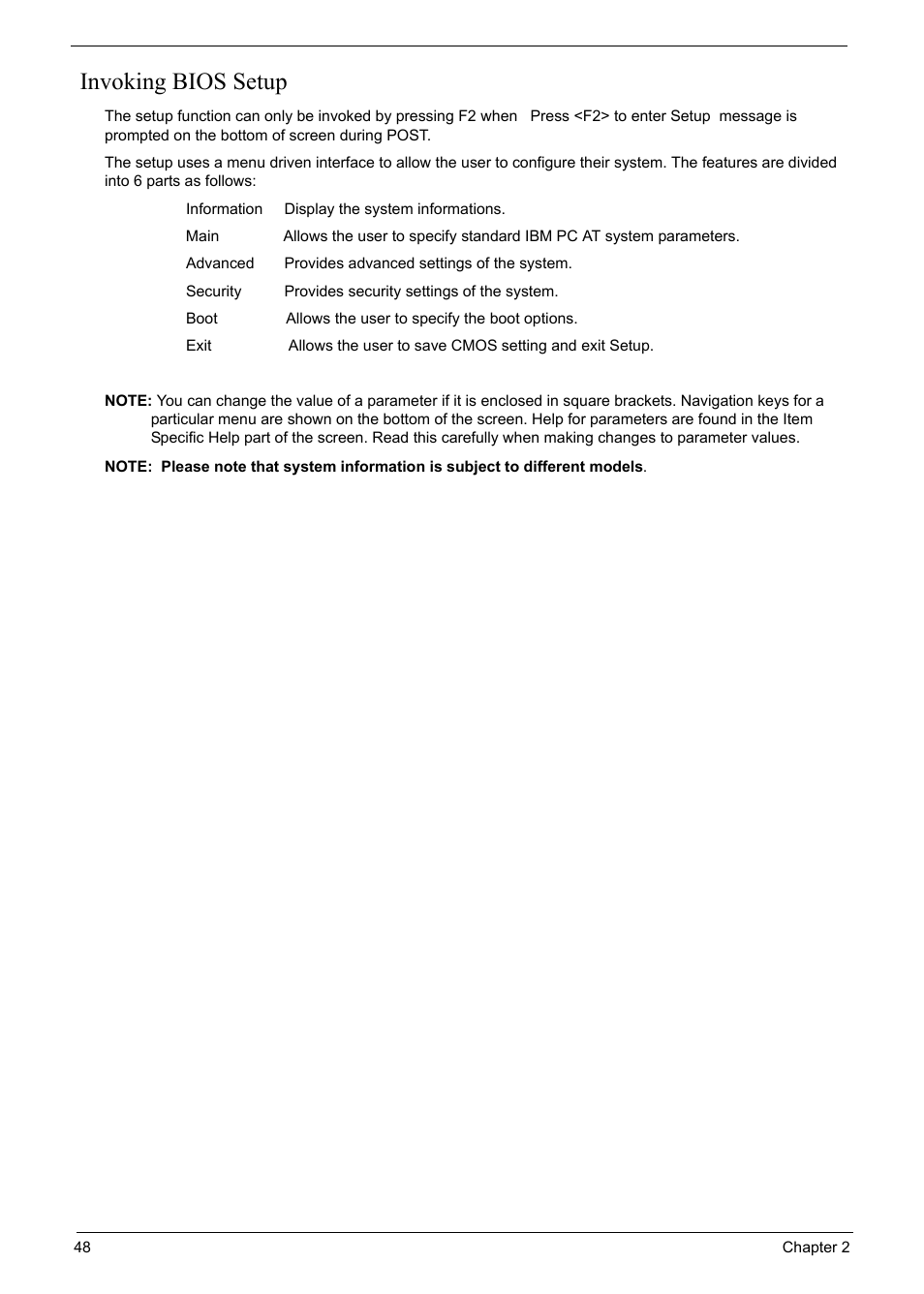 Invoking bios setup | Acer 6920 User Manual | Page 48 / 124