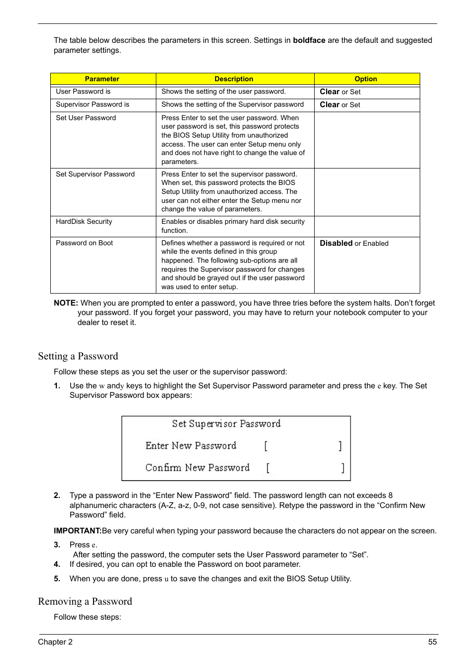 Setting a password, Removing a password | Acer 6920 User Manual | Page 55 / 124