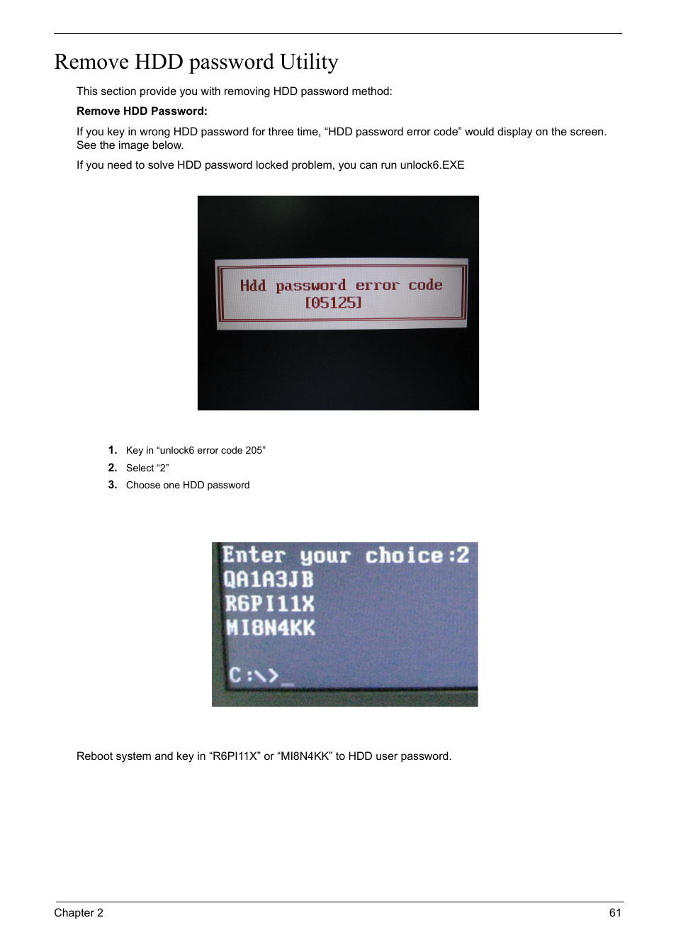 Remove hdd password utility, Key in “unlock6 error code 205, Select “2 | Choose one hdd password | Acer 6920 User Manual | Page 61 / 124