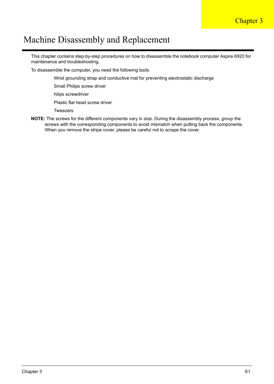 Machine disassembly and replacement, Chapter 3 | Acer 6920 User Manual | Page 63 / 124