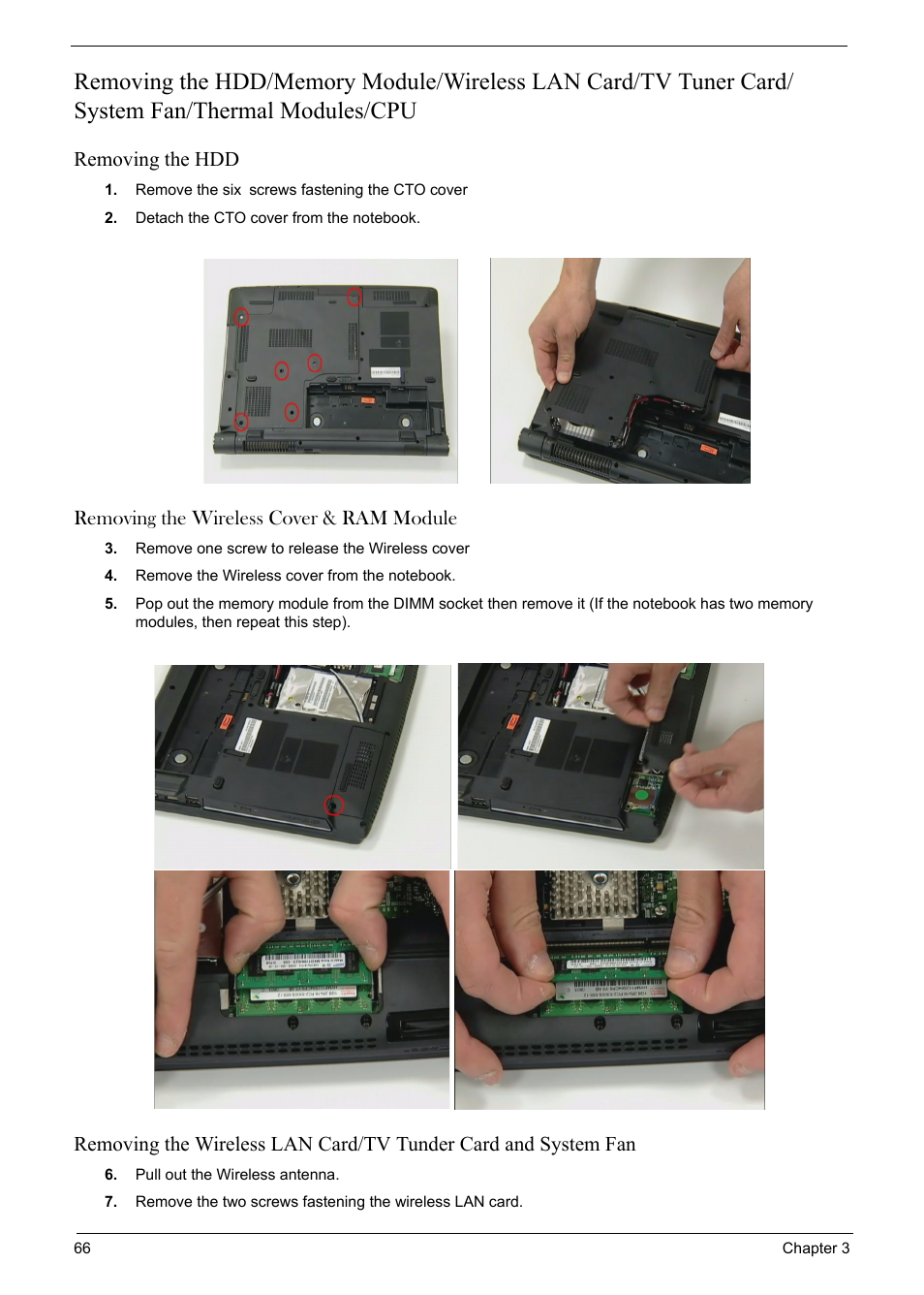 Removing the hdd, Removing the wireless cover & ram module | Acer 6920 User Manual | Page 68 / 124