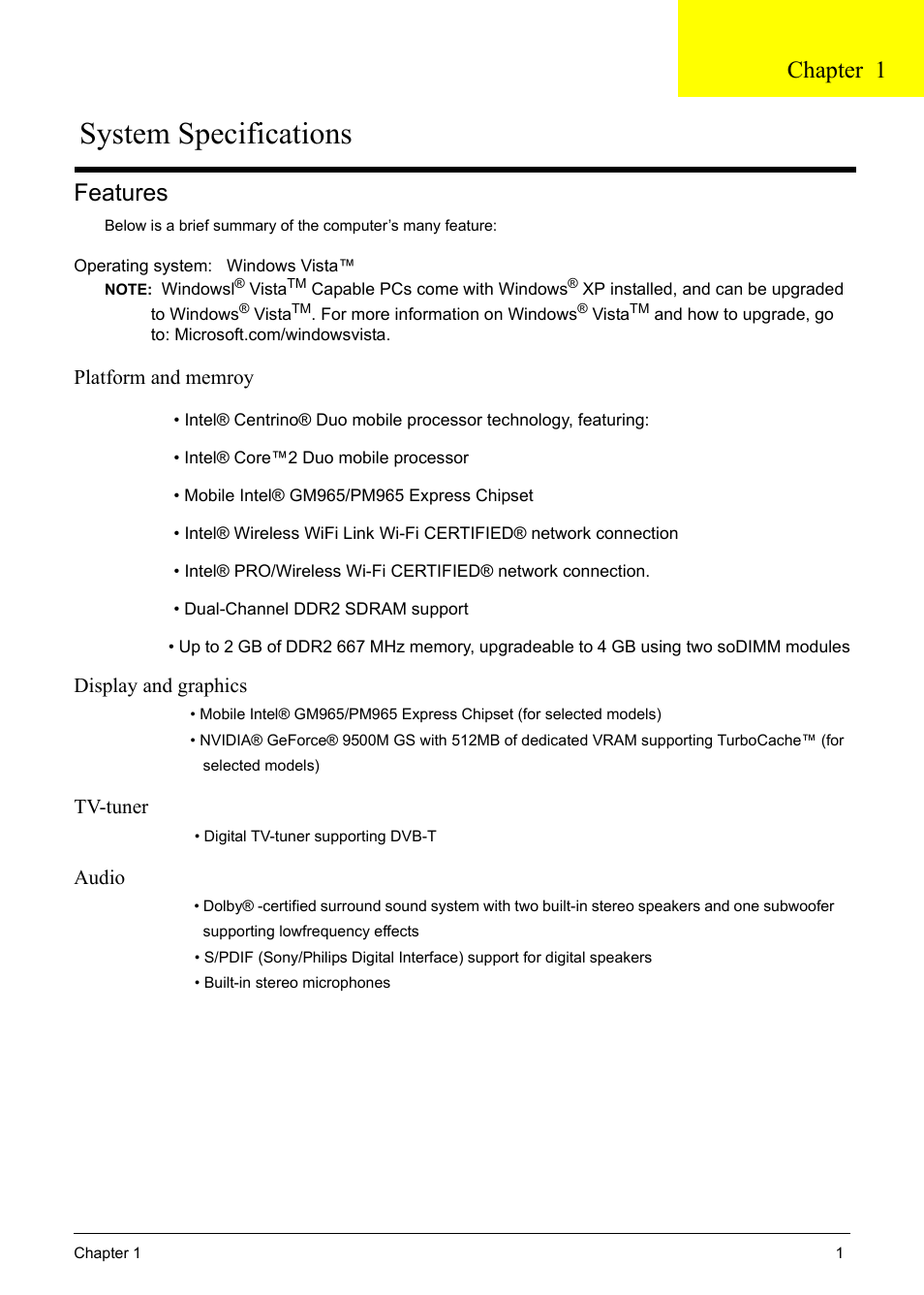 Features, Platform and memroy, Display and graphics | Tv-tuner, Audio, System specifications, Chapter 1 | Acer 6920 User Manual | Page 7 / 124