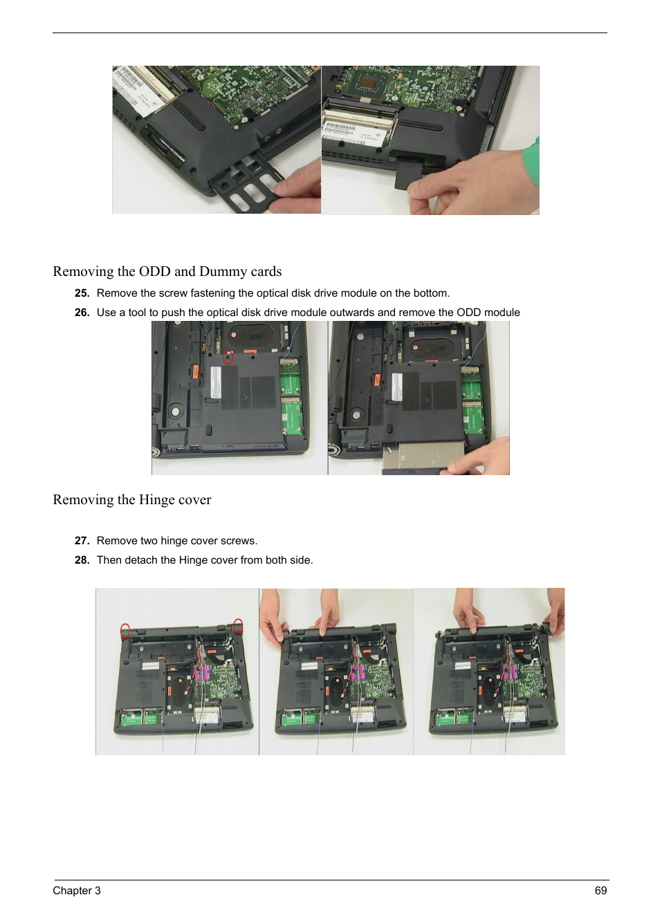 Removing the odd and dummy cards, Removing the hinge cover | Acer 6920 User Manual | Page 71 / 124