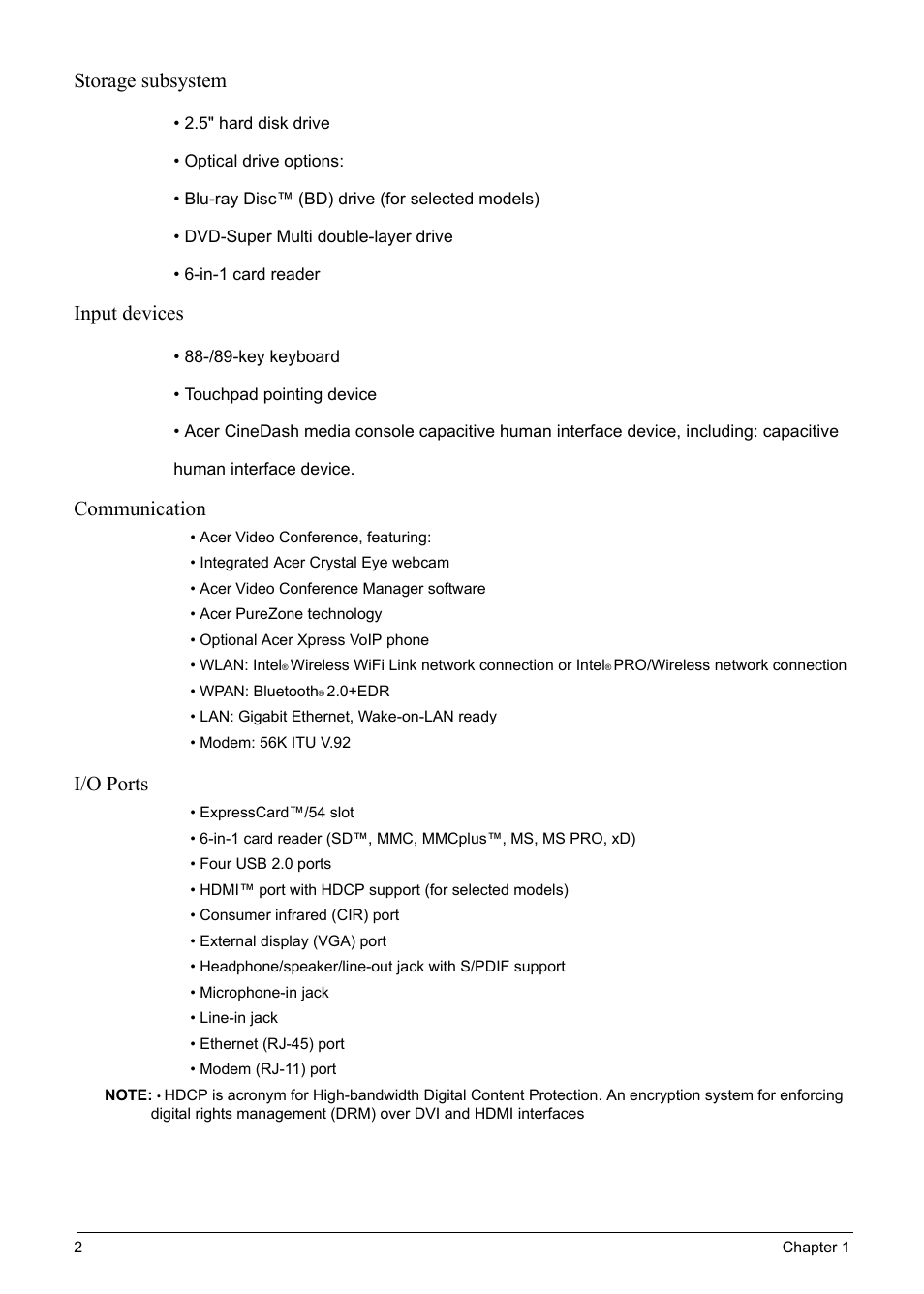 Storage subsystem, Input devices, Communication | I/o ports | Acer 6920 User Manual | Page 8 / 124