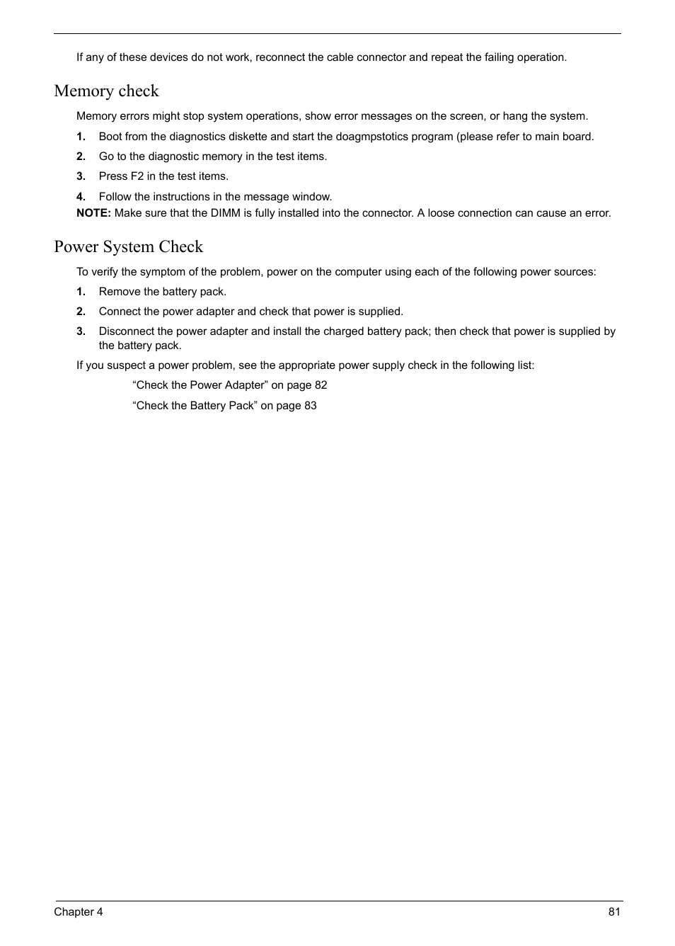 Memory check, Power system check | Acer 6920 User Manual | Page 81 / 124