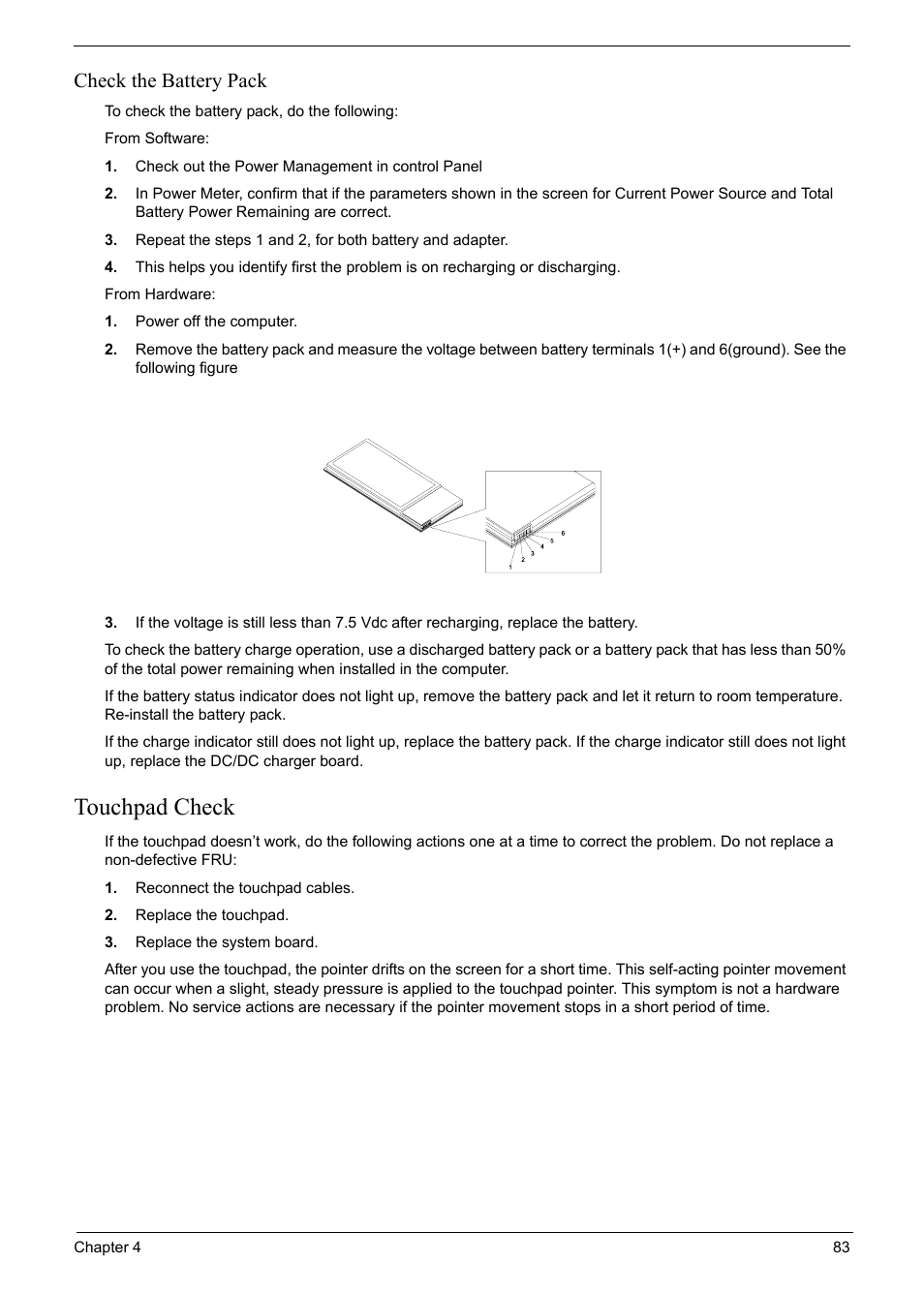 Touchpad check, Check the battery pack | Acer 6920 User Manual | Page 83 / 124