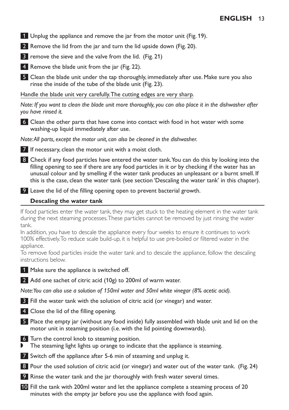 Descaling the water tank | Philips AVENT Kombinierter Dampfgarer und Mixer User Manual | Page 13 / 100