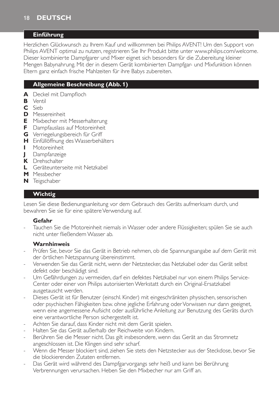 Gefahr, Warnhinweis, Deutsch | Einführung, Allgemeine beschreibung (abb. 1), Wichtig | Philips AVENT Kombinierter Dampfgarer und Mixer User Manual | Page 18 / 100