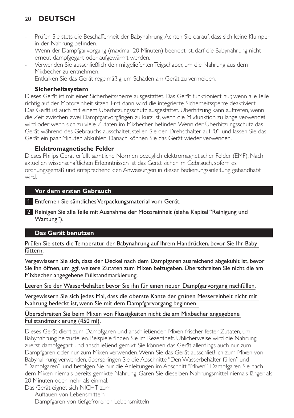 Sicherheitssystem, Elektromagnetische felder, Vor dem ersten gebrauch | Das gerät benutzen | Philips AVENT Kombinierter Dampfgarer und Mixer User Manual | Page 20 / 100