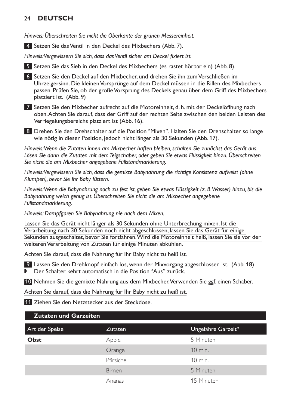 Zutaten und garzeiten | Philips AVENT Kombinierter Dampfgarer und Mixer User Manual | Page 24 / 100