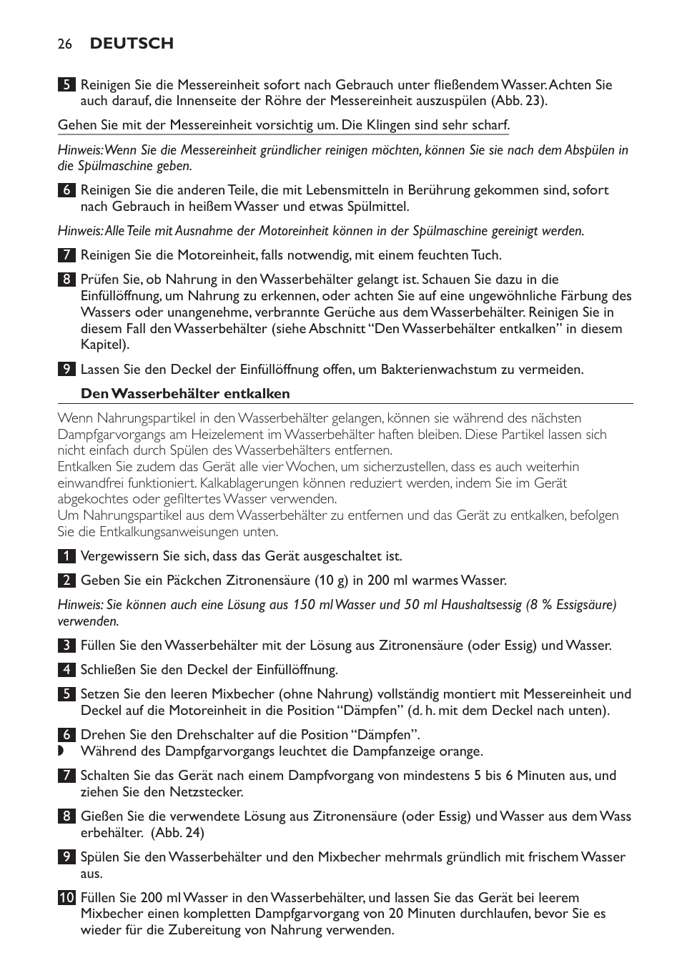 Den wasserbehälter entkalken | Philips AVENT Kombinierter Dampfgarer und Mixer User Manual | Page 26 / 100