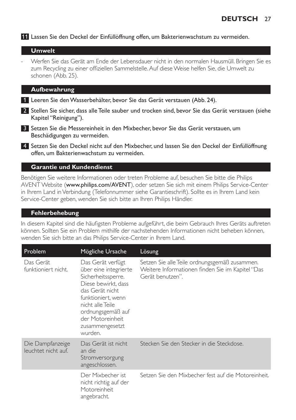 Umwelt, Aufbewahrung, Garantie und kundendienst | Fehlerbehebung | Philips AVENT Kombinierter Dampfgarer und Mixer User Manual | Page 27 / 100