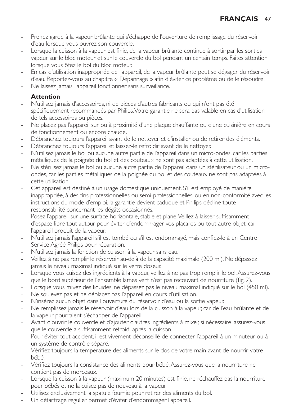 Attention | Philips AVENT Kombinierter Dampfgarer und Mixer User Manual | Page 47 / 100