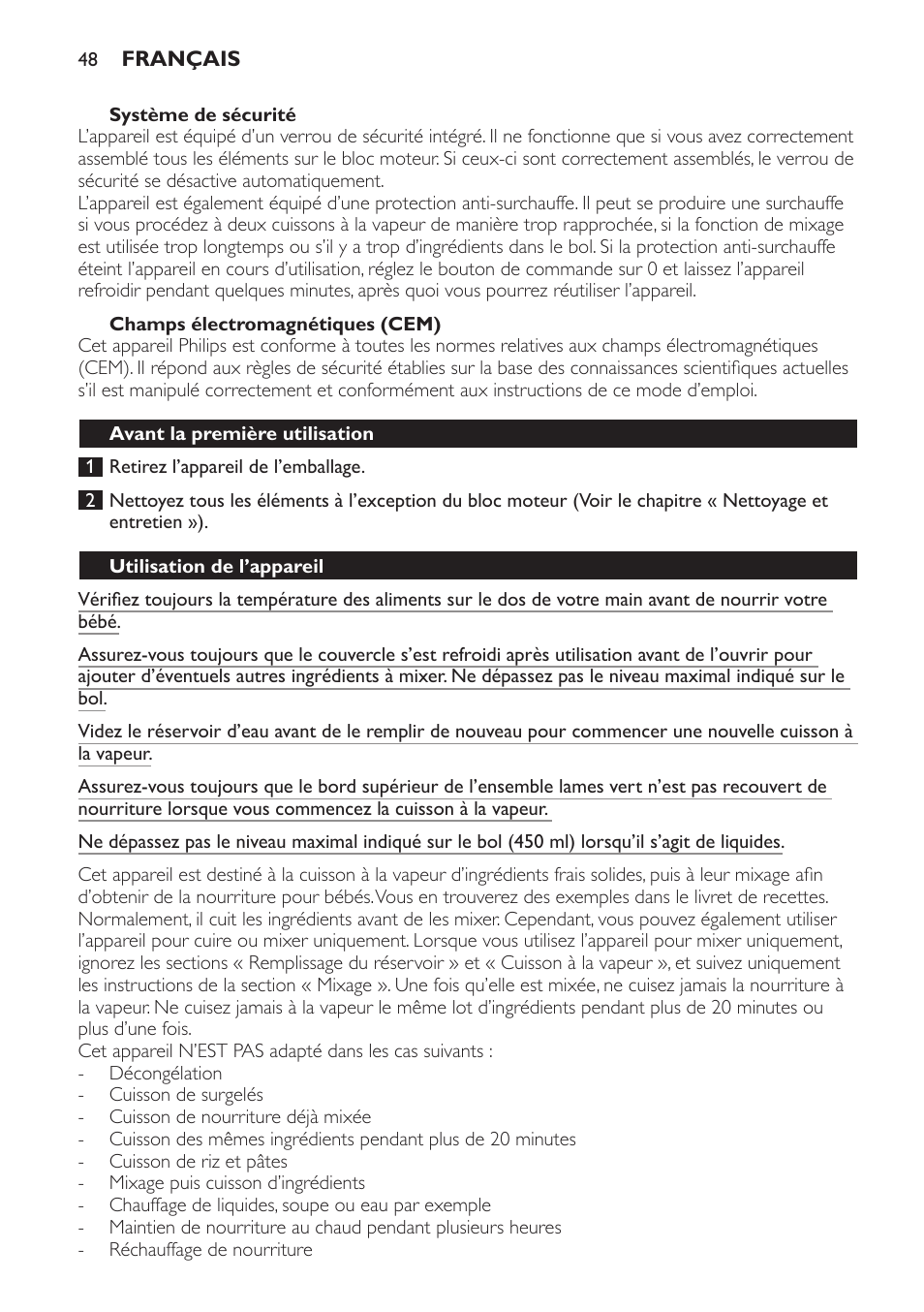 Système de sécurité, Champs électromagnétiques (cem), Avant la première utilisation | Utilisation de l’appareil | Philips AVENT Kombinierter Dampfgarer und Mixer User Manual | Page 48 / 100