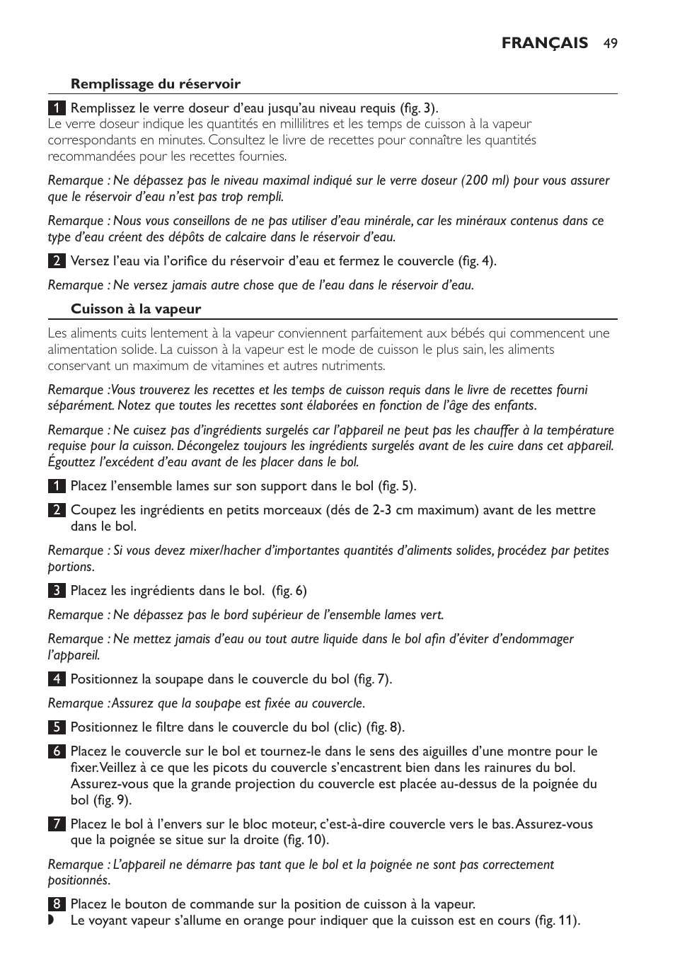 Remplissage du réservoir, Cuisson à la vapeur | Philips AVENT Kombinierter Dampfgarer und Mixer User Manual | Page 49 / 100