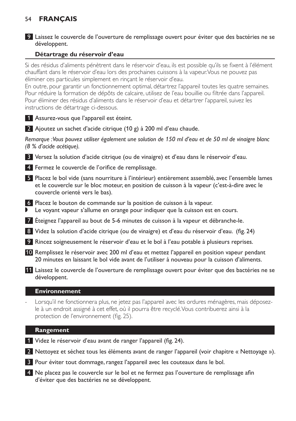 Détartrage du réservoir d’eau, Environnement, Rangement | Philips AVENT Kombinierter Dampfgarer und Mixer User Manual | Page 54 / 100