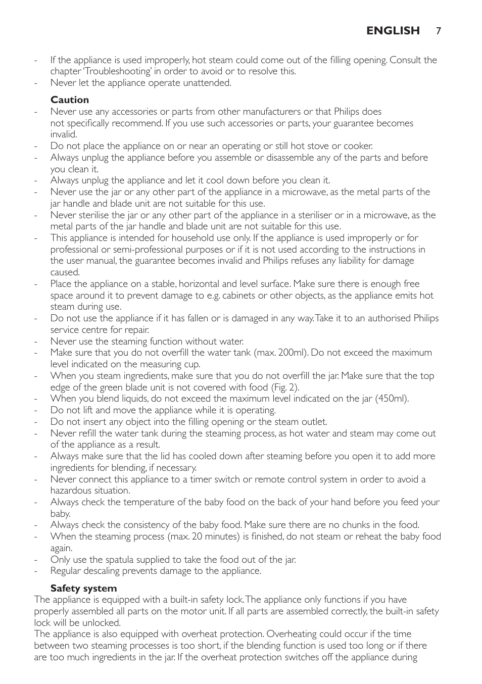 Caution, Safety system | Philips AVENT Kombinierter Dampfgarer und Mixer User Manual | Page 7 / 100