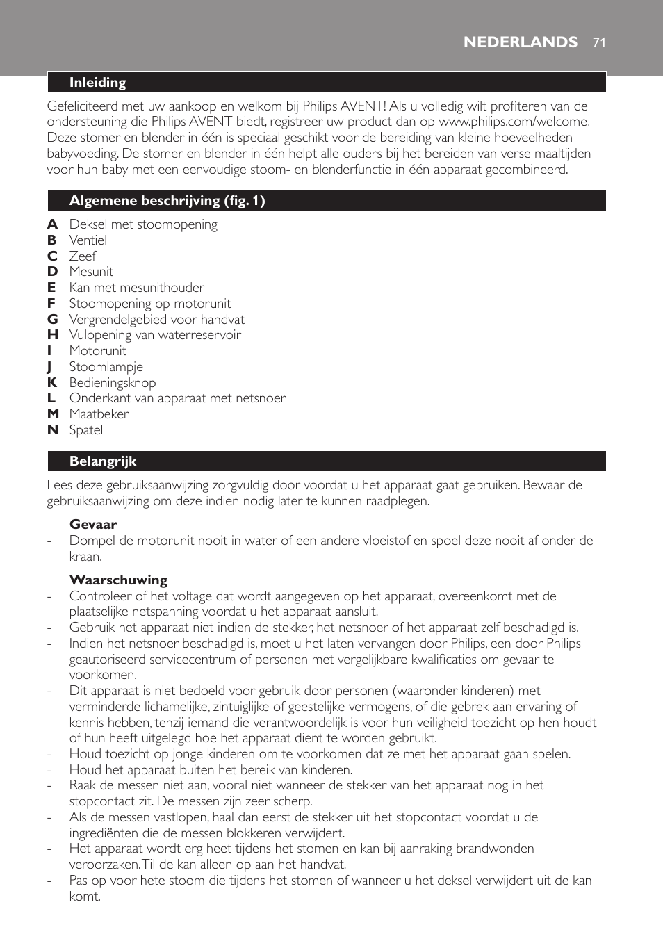 Gevaar, Waarschuwing, Nederlands | Inleiding, Algemene beschrijving (fig. 1), Belangrijk | Philips AVENT Kombinierter Dampfgarer und Mixer User Manual | Page 71 / 100